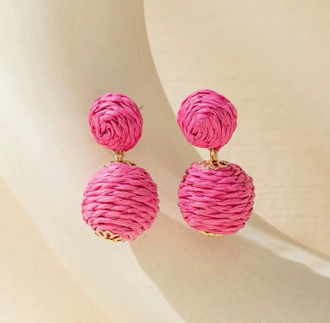 Bohemian Ball Raffia Handmade Women's Drop Earrings