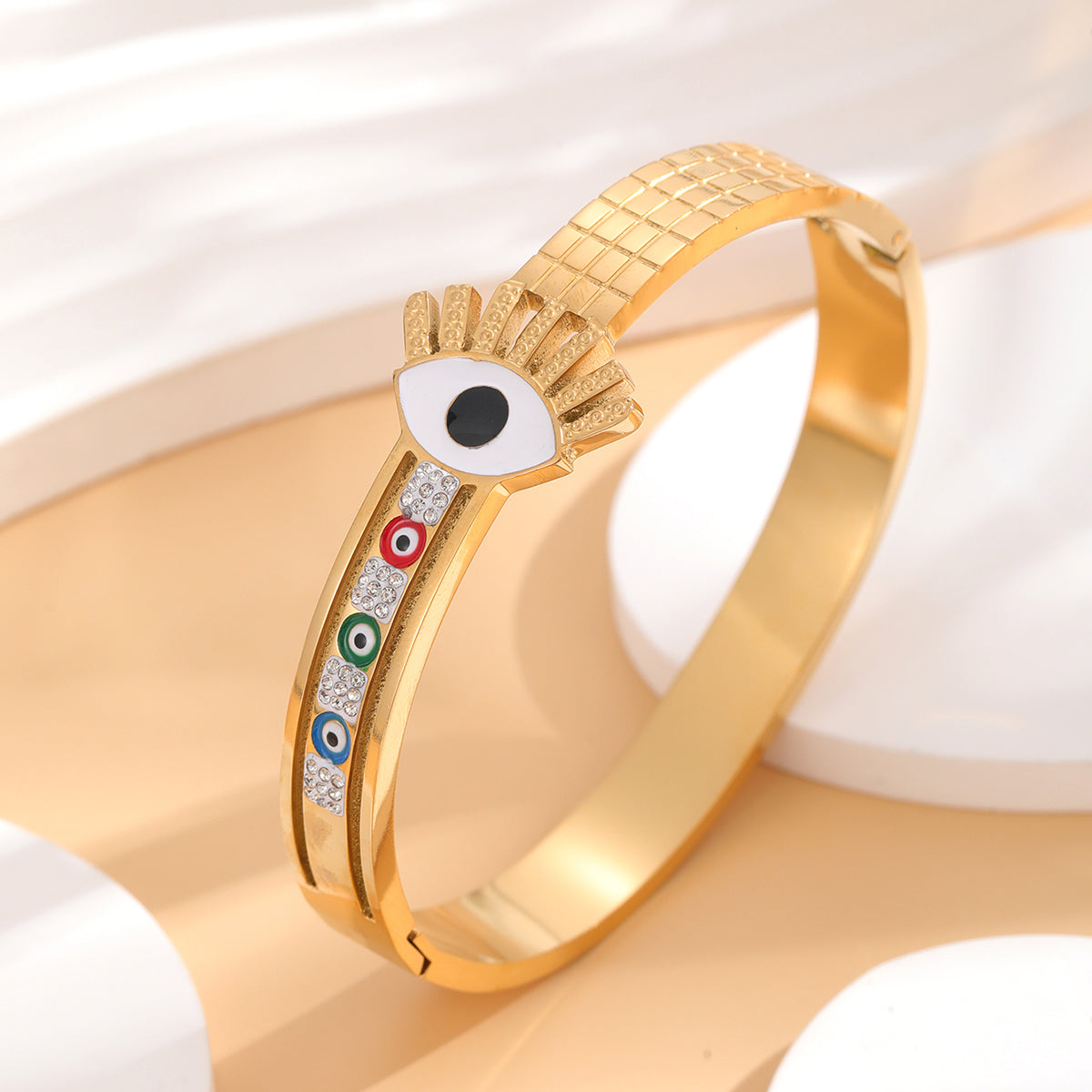 Artistic Eye Titanium Steel Epoxy Plating Inlay Rhinestones Gold Plated Bangle