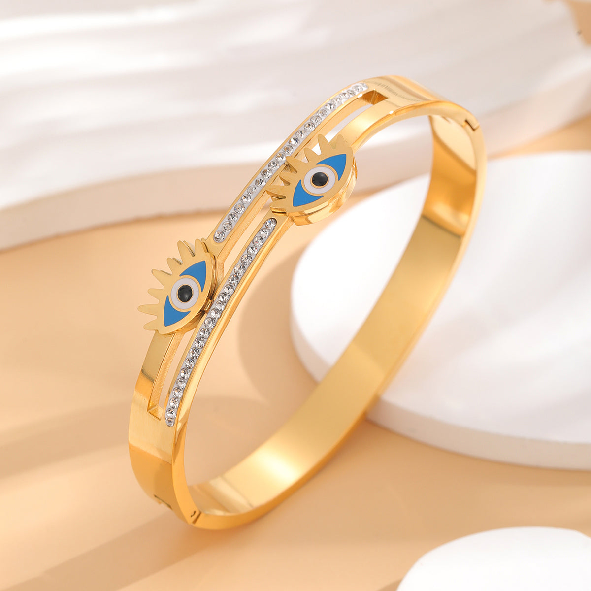 Artistic Eye Titanium Steel Epoxy Plating Inlay Rhinestones Gold Plated Bangle