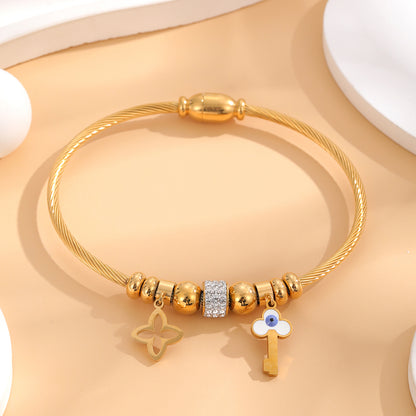 Elegant Vintage Style Star Heart Shape Eye Titanium Steel Epoxy Plating Inlay Rhinestones Gold Plated Bangle