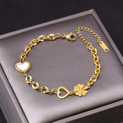 Vacation Four Leaf Clover Heart Shape Titanium Steel Plating Inlay Shell 18k Gold Plated Silver Plated Women's Anklet