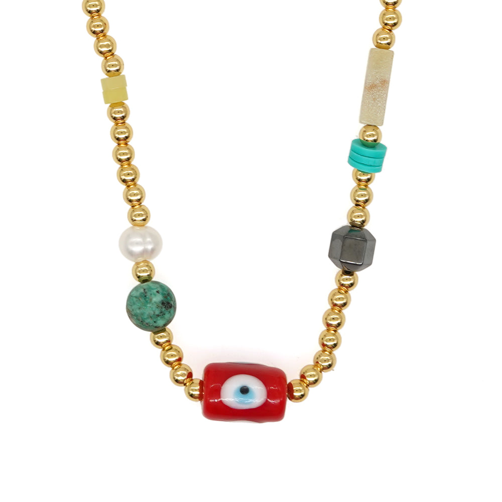 Commute Eye Flower Glass Metal Beaded Chain Women's Necklace