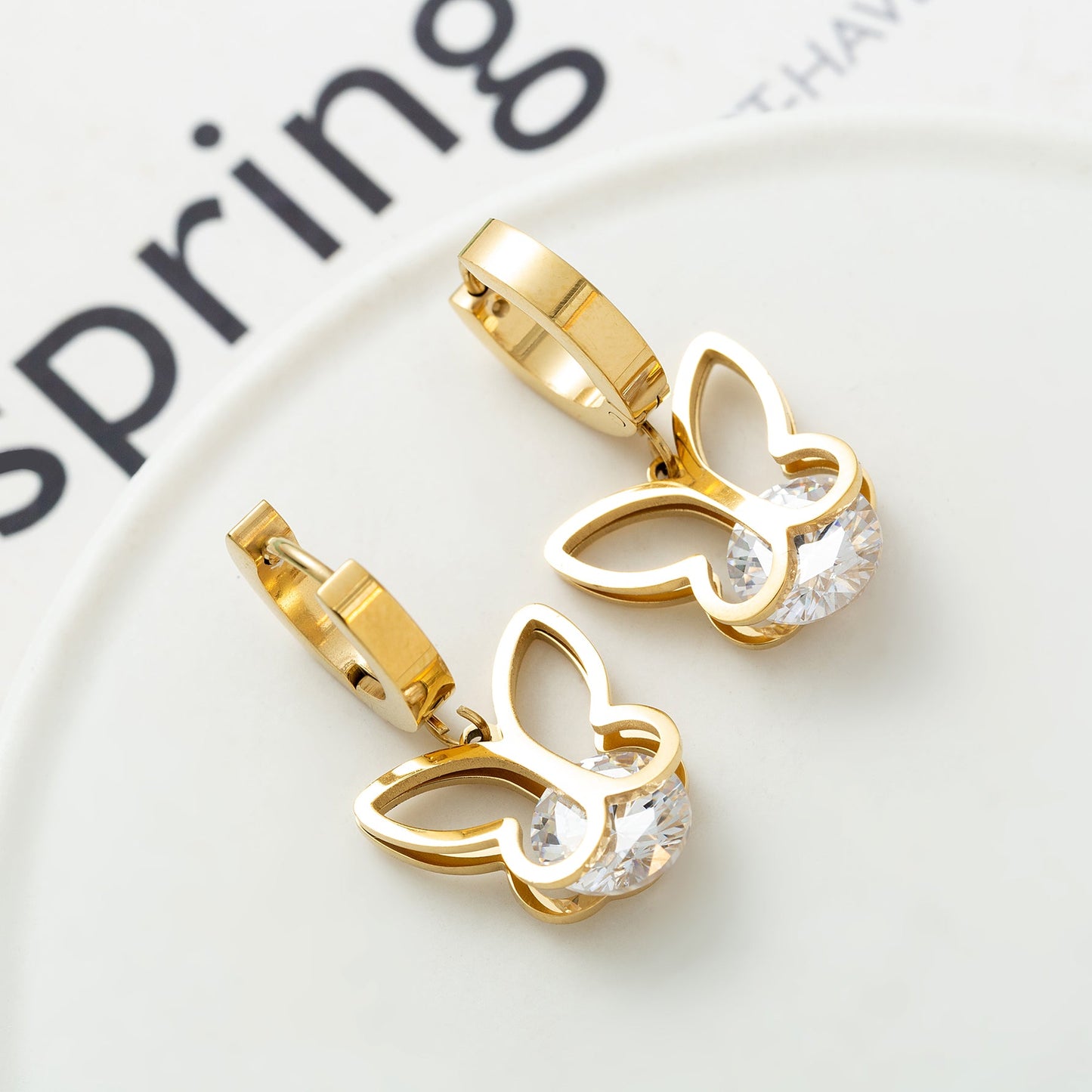 1 Pair Modern Style Pentagram Round Butterfly Plating Inlay Stainless Steel Zircon 18k Gold Plated Drop Earrings