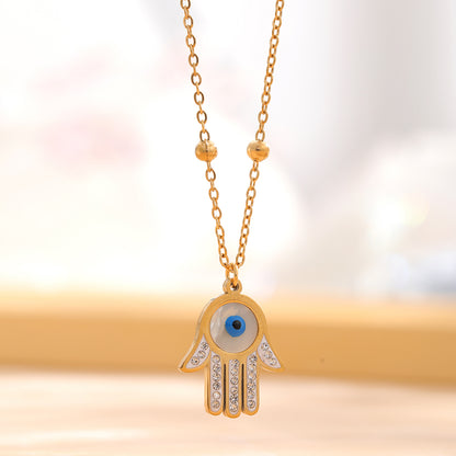 Retro Palm Eye Butterfly Titanium Steel Plating Inlay Shell Zircon Gold Plated Pendant Necklace