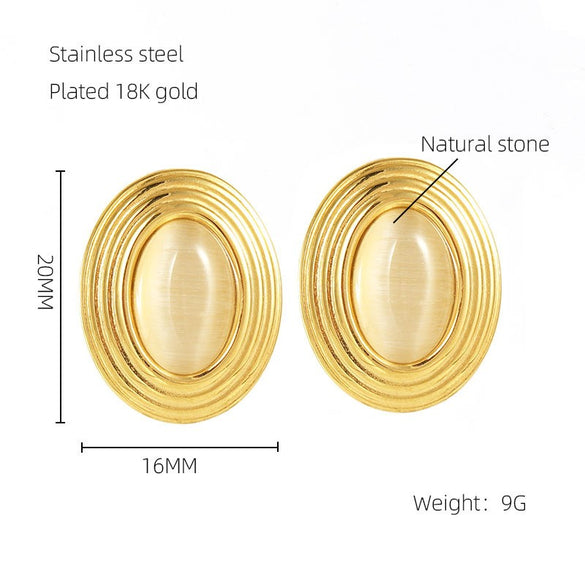 Wholesale Elegant Oval Stainless Steel Plating Inlay 18k Gold Plated Natural Stone Earrings Necklace