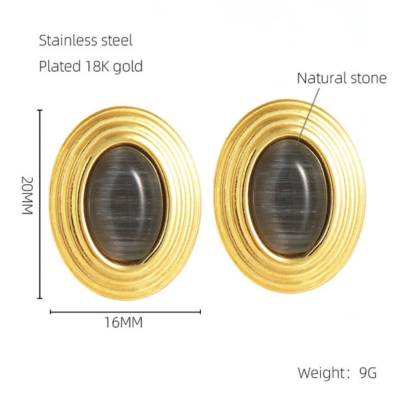 Wholesale Elegant Oval Stainless Steel Plating Inlay 18k Gold Plated Natural Stone Earrings Necklace