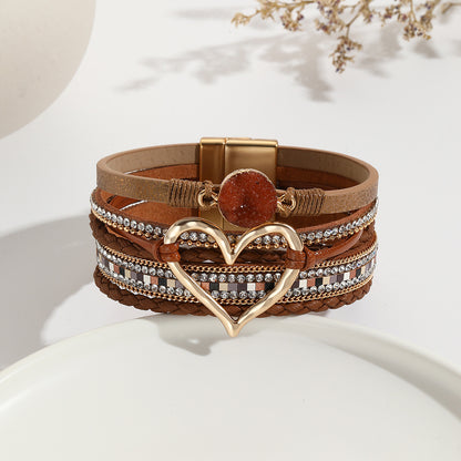 Elegant Classic Style Heart Shape Pu Leather Inlay Rhinestones Women's Bracelets