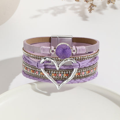 Elegant Classic Style Heart Shape Pu Leather Inlay Rhinestones Women's Bracelets