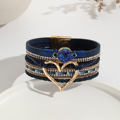 Elegant Classic Style Heart Shape Pu Leather Inlay Rhinestones Women's Bracelets