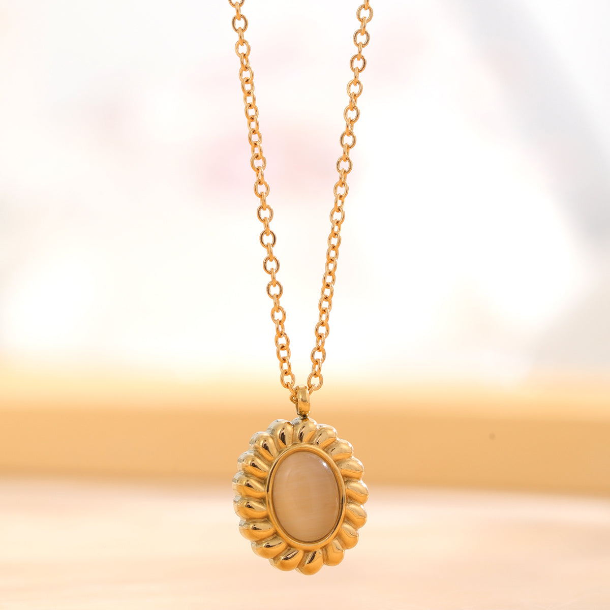 Retro Sun Oval Titanium Steel Plating Inlay Natural Stone Gold Plated Pendant Necklace