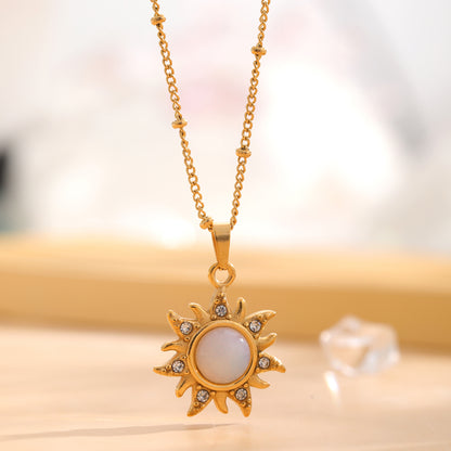 Retro Sun Oval Titanium Steel Plating Inlay Natural Stone Gold Plated Pendant Necklace