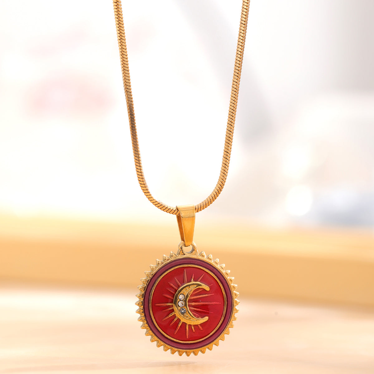 Retro Star Moon Titanium Steel Enamel Plating Inlay Natural Stone Resin Rhinestones Gold Plated Pendant Necklace