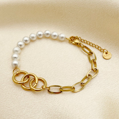 Casual Simple Style Round Stainless Steel Artificial Pearl Plating Gold Plated Bracelets