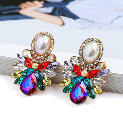 1 Pair Luxurious Geometric Inlay Alloy Artificial Pearls Rhinestones Glass Drop Earrings