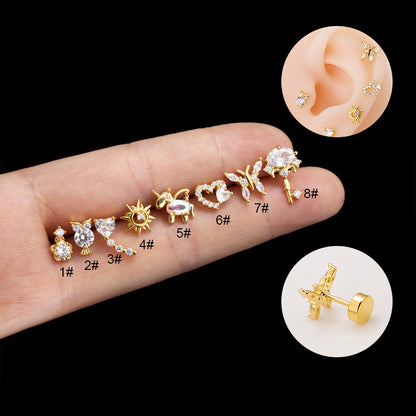 1 Piece Fashion Heart Shape Owl Butterfly Plating Inlay Stainless Steel Zircon Ear Studs