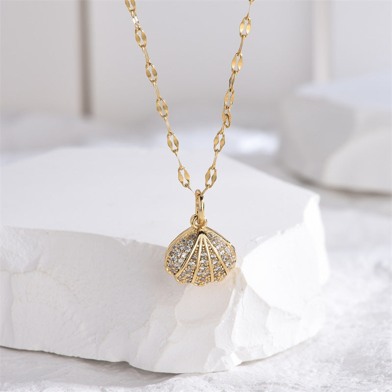 Casual Classic Style Artistic Shell Titanium Steel Plating Inlay Artificial Pearls 18k Gold Plated Necklace