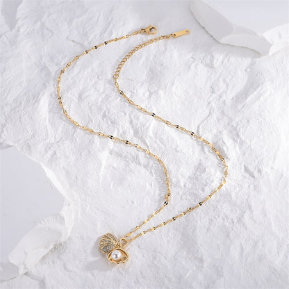 Casual Classic Style Artistic Shell Titanium Steel Plating Inlay Artificial Pearls 18k Gold Plated Necklace