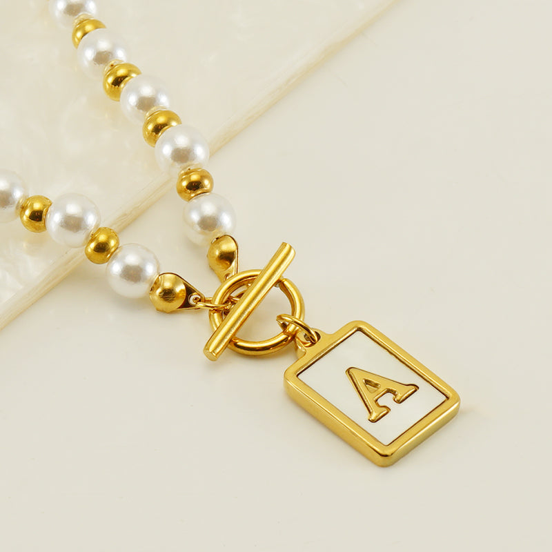 Elegant French Style Letter Stainless Steel Pearl Plating Inlay Shell 18k Gold Plated Pendant Necklace