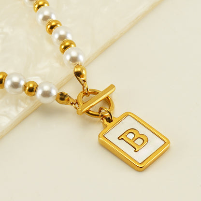 Elegant French Style Letter Stainless Steel Pearl Plating Inlay Shell 18k Gold Plated Pendant Necklace