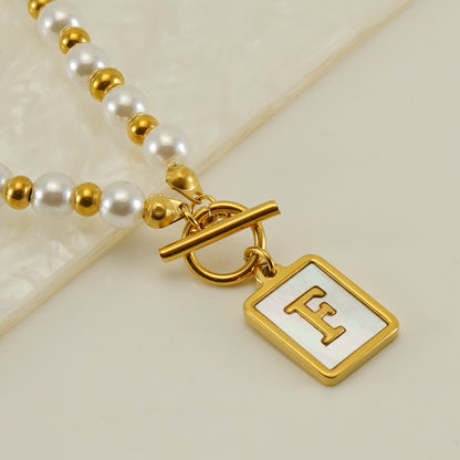 Elegant French Style Letter Stainless Steel Pearl Plating Inlay Shell 18k Gold Plated Pendant Necklace