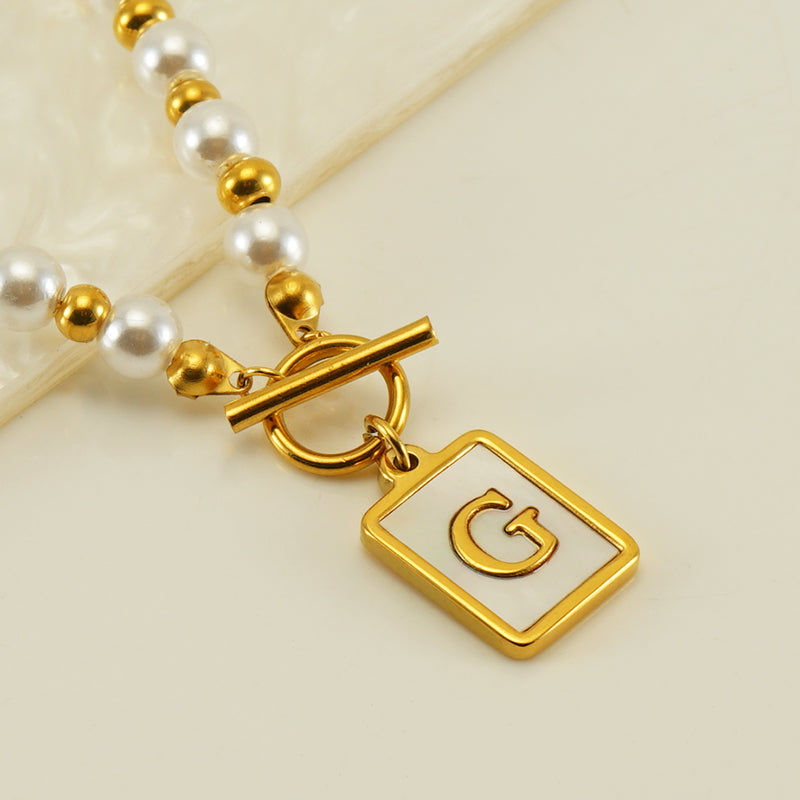 Elegant French Style Letter Stainless Steel Pearl Plating Inlay Shell 18k Gold Plated Pendant Necklace