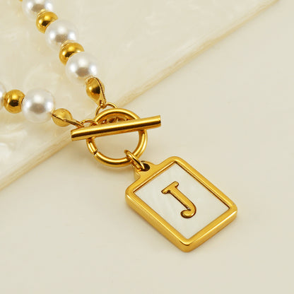 Elegant French Style Letter Stainless Steel Pearl Plating Inlay Shell 18k Gold Plated Pendant Necklace