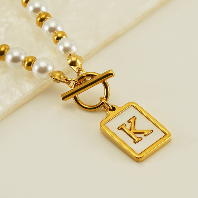 Elegant French Style Letter Stainless Steel Pearl Plating Inlay Shell 18k Gold Plated Pendant Necklace