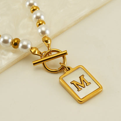 Elegant French Style Letter Stainless Steel Pearl Plating Inlay Shell 18k Gold Plated Pendant Necklace