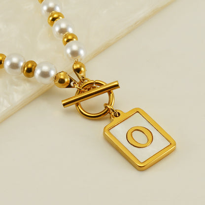 Elegant French Style Letter Stainless Steel Pearl Plating Inlay Shell 18k Gold Plated Pendant Necklace