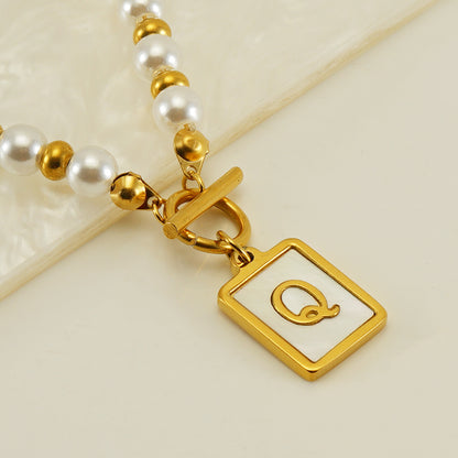 Elegant French Style Letter Stainless Steel Pearl Plating Inlay Shell 18k Gold Plated Pendant Necklace