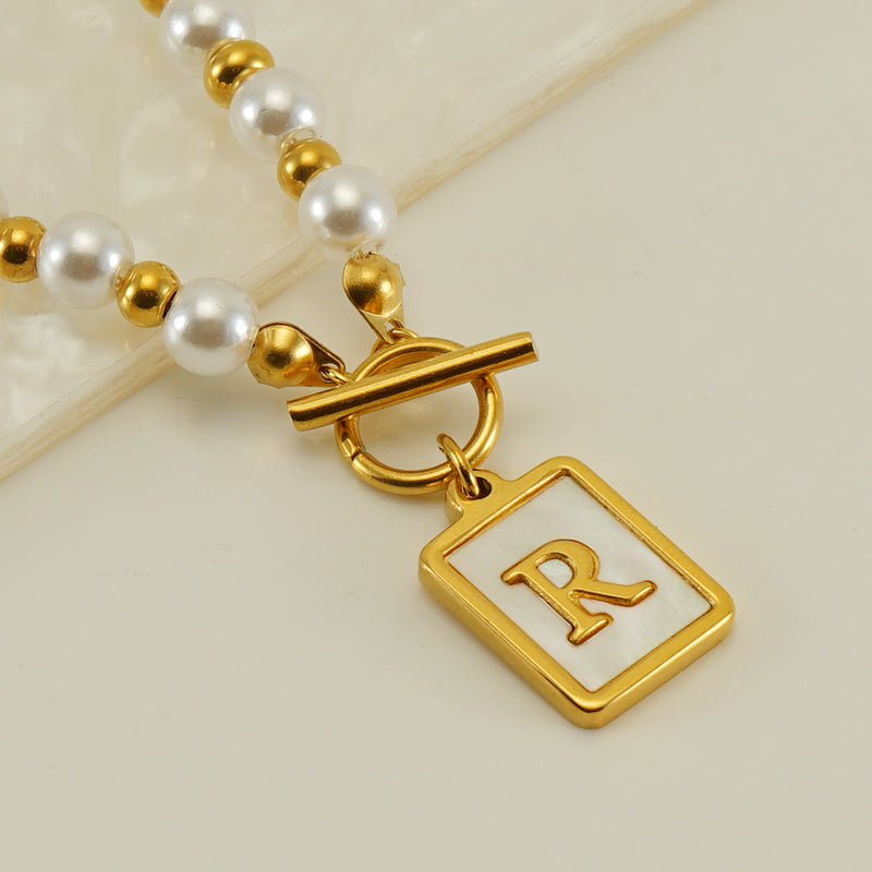 Elegant French Style Letter Stainless Steel Pearl Plating Inlay Shell 18k Gold Plated Pendant Necklace