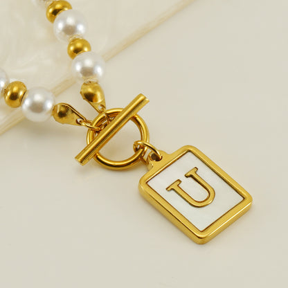 Elegant French Style Letter Stainless Steel Pearl Plating Inlay Shell 18k Gold Plated Pendant Necklace