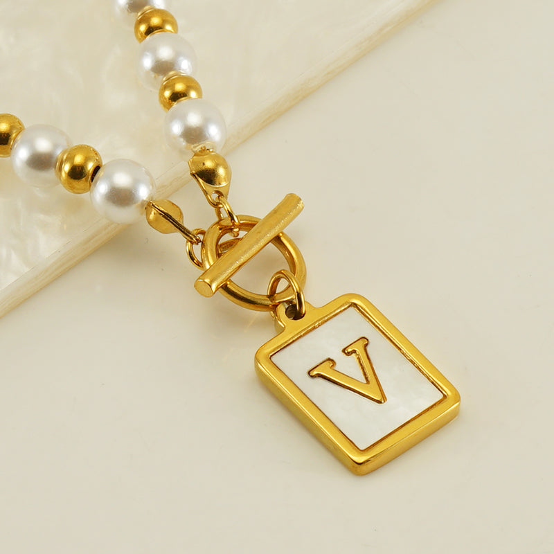 Elegant French Style Letter Stainless Steel Pearl Plating Inlay Shell 18k Gold Plated Pendant Necklace