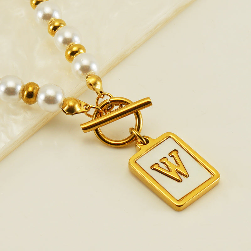 Elegant French Style Letter Stainless Steel Pearl Plating Inlay Shell 18k Gold Plated Pendant Necklace