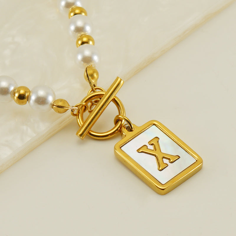 Elegant French Style Letter Stainless Steel Pearl Plating Inlay Shell 18k Gold Plated Pendant Necklace