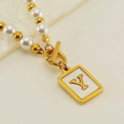 Elegant French Style Letter Stainless Steel Pearl Plating Inlay Shell 18k Gold Plated Pendant Necklace