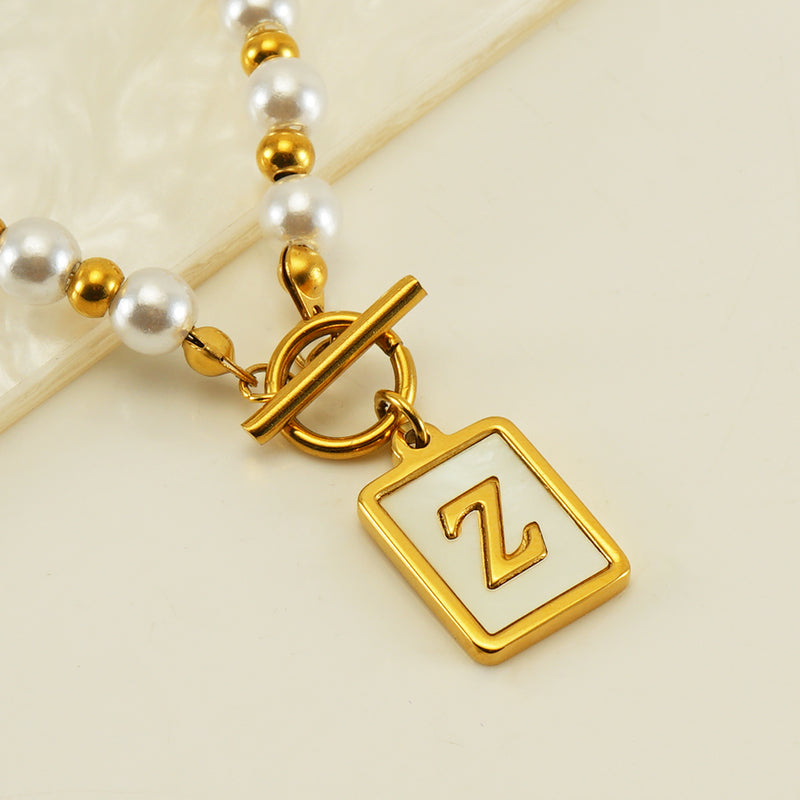 Elegant French Style Letter Stainless Steel Pearl Plating Inlay Shell 18k Gold Plated Pendant Necklace