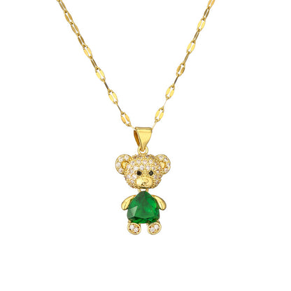 Cartoon Style Cute Little Bear Stainless Steel Copper Plating Inlay Pearl Zircon Gold Plated Pendant Necklace