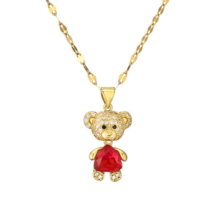 Cartoon Style Cute Little Bear Stainless Steel Copper Plating Inlay Pearl Zircon Gold Plated Pendant Necklace