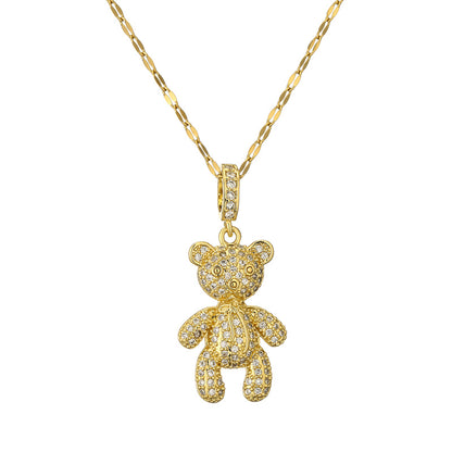 Cartoon Style Cute Little Bear Stainless Steel Copper Plating Inlay Pearl Zircon Gold Plated Pendant Necklace