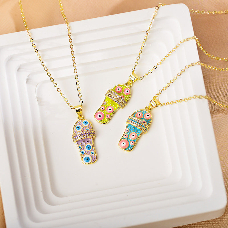 Casual Funny Slippers Eye Copper Enamel Plating Zircon Gold Plated Pendant Necklace