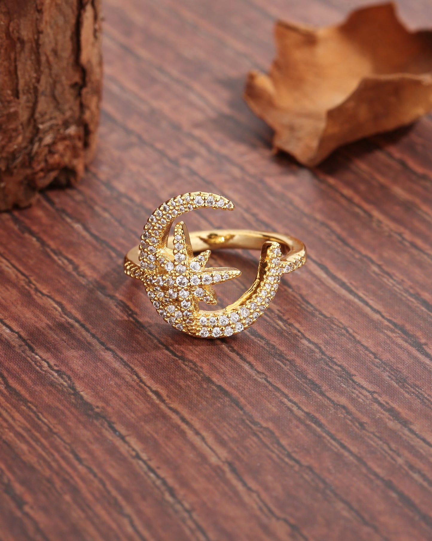 Glam Shiny Star Moon Copper Plating Inlay Zircon 18k Gold Plated Rings