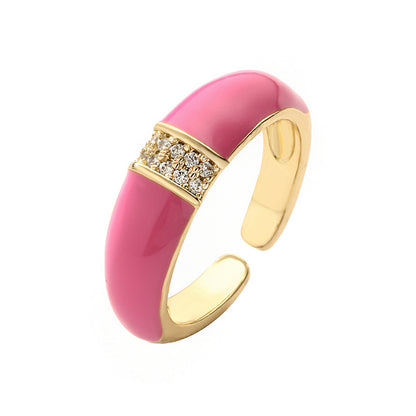 Retro Solid Color Copper Enamel Inlay Zircon Open Ring