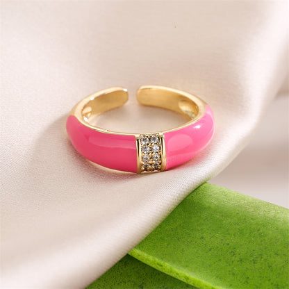 Retro Solid Color Copper Enamel Inlay Zircon Open Ring