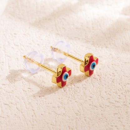 1 Pair Simple Style Cross Devil's Eye Enamel Copper 18k Gold Plated Ear Studs