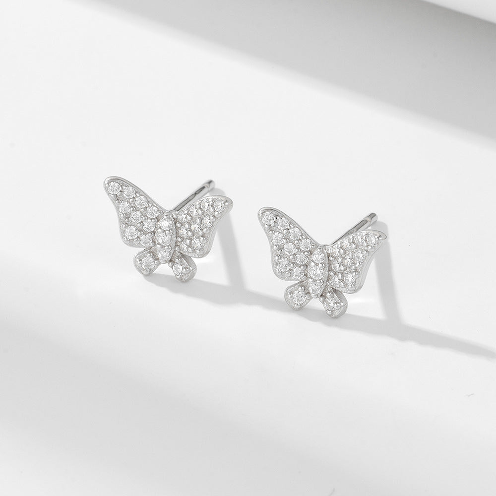 1 Pair Elegant Shiny Butterfly Inlay Sterling Silver Zircon Ear Studs