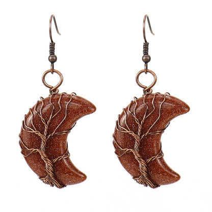 1 Pair Retro Simple Style Moon Tree Patchwork Natural Stone Copper Drop Earrings