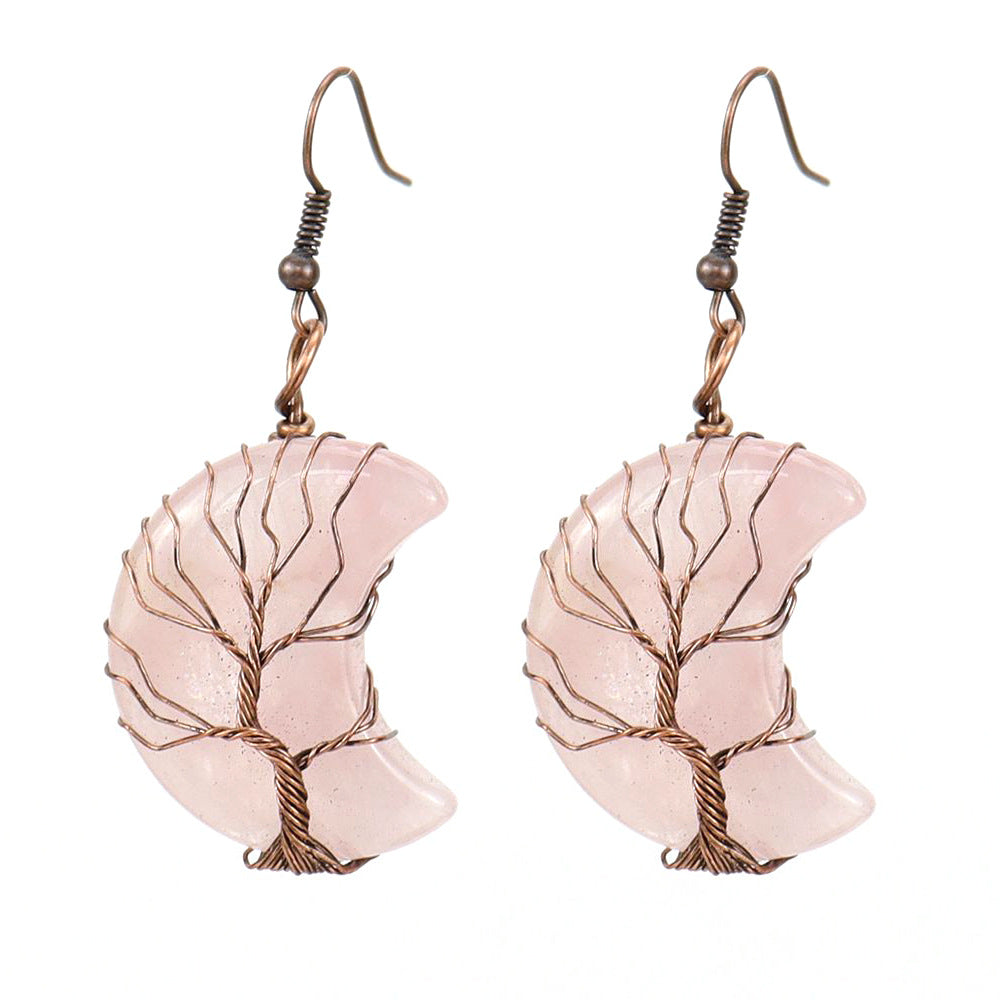 1 Pair Retro Simple Style Moon Tree Patchwork Natural Stone Copper Drop Earrings