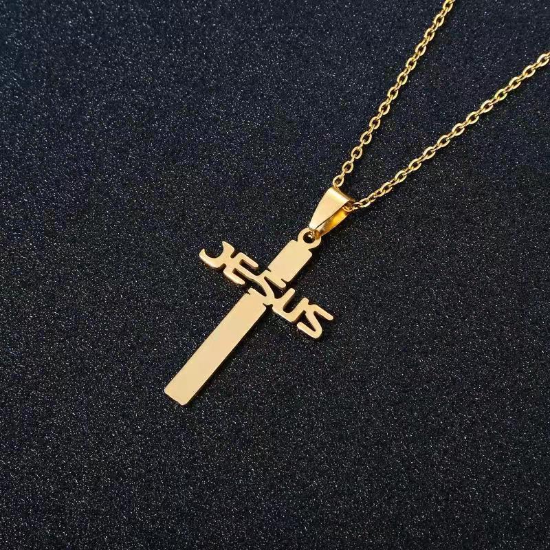 Casual Simple Style Cross Letter Stainless Steel Plating Hollow Out 18k Gold Plated Pendant Necklace Long Necklace