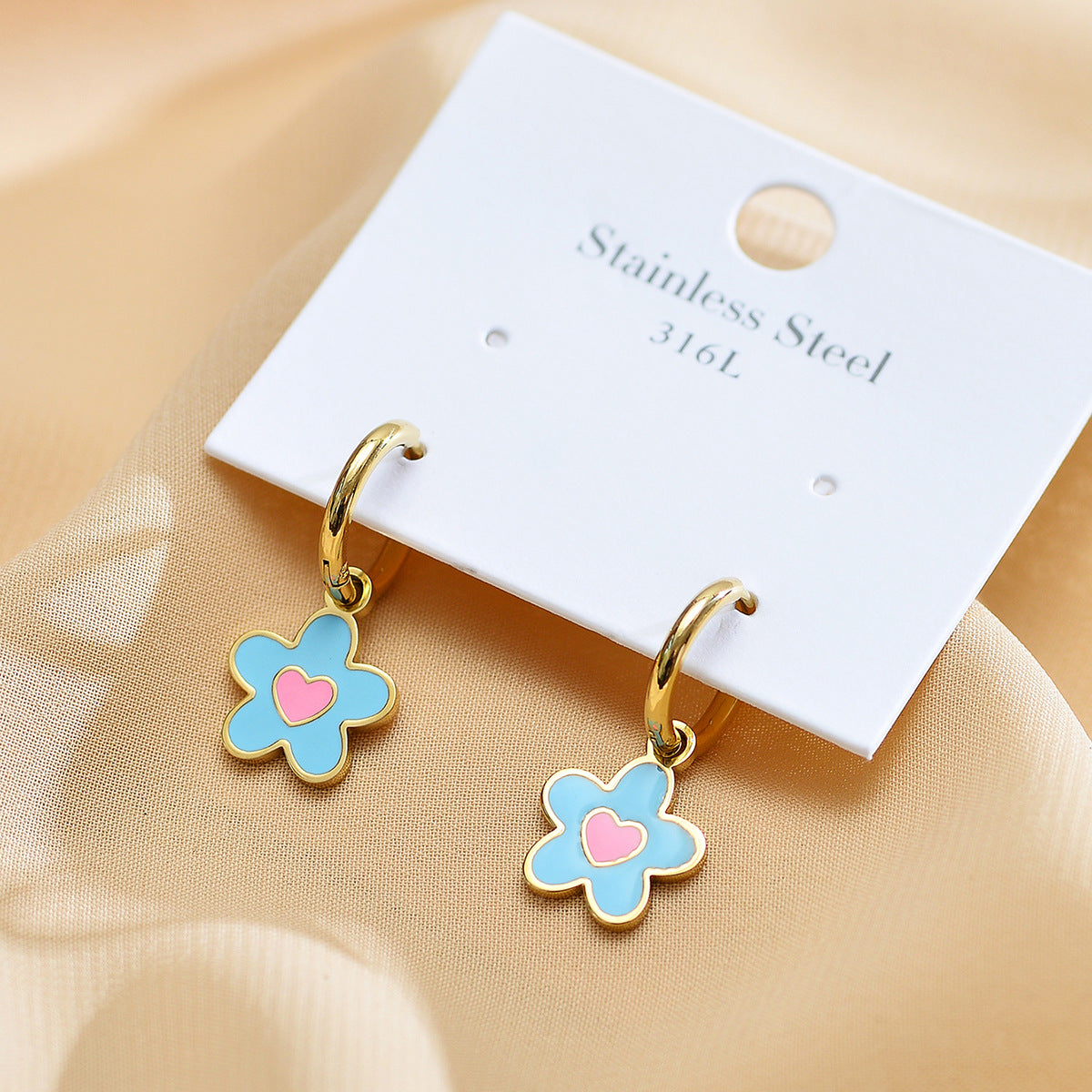 1 Pair Sweet Heart Shape Flower Enamel Plating Stainless Steel Gold Plated Drop Earrings